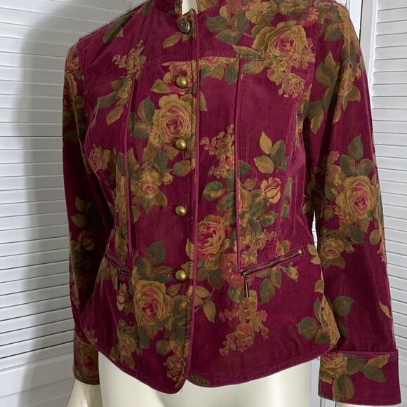 Liz Claiborne Wine Floral Corduroy Button Down Jacket Petite Large - Picture 1 of 14